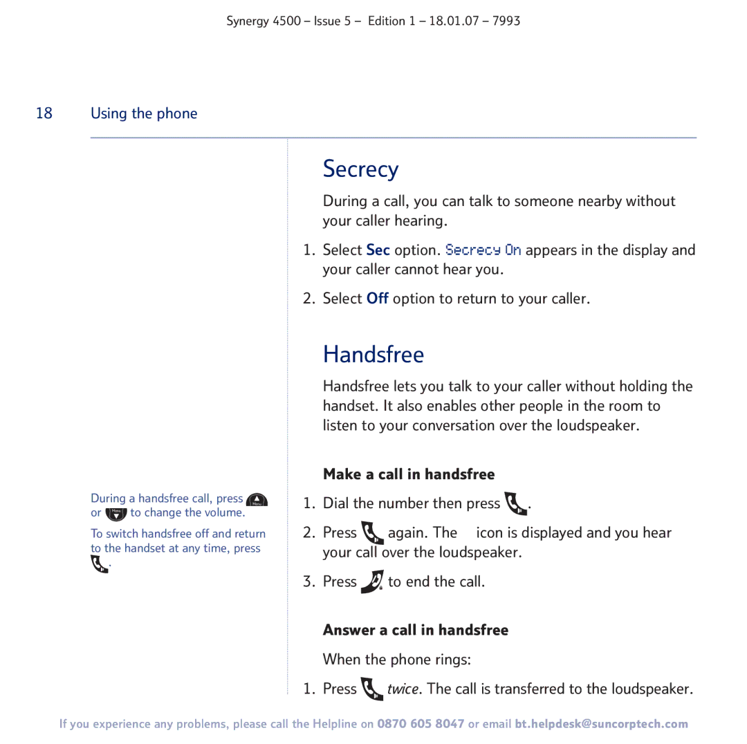 BT SYNERGY 4500 manual Secrecy, Handsfree 