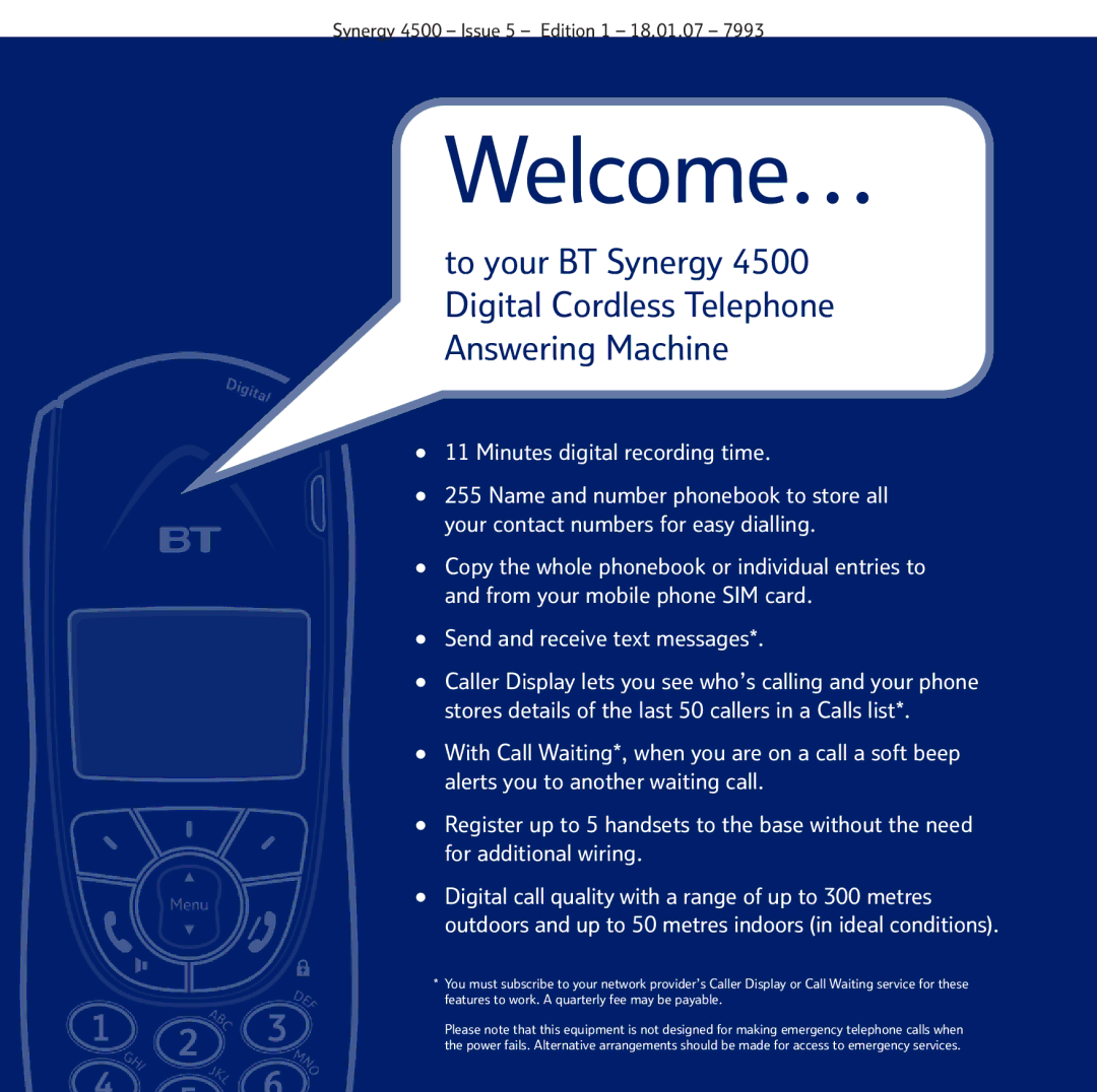 BT SYNERGY 4500 manual Welcome… 