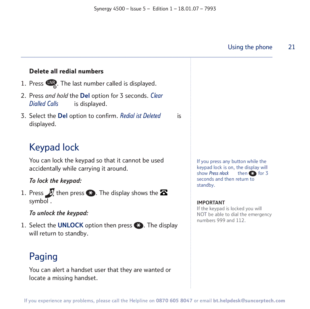 BT SYNERGY 4500 manual Keypad lock, Paging, Press then press . The display shows the symbol 