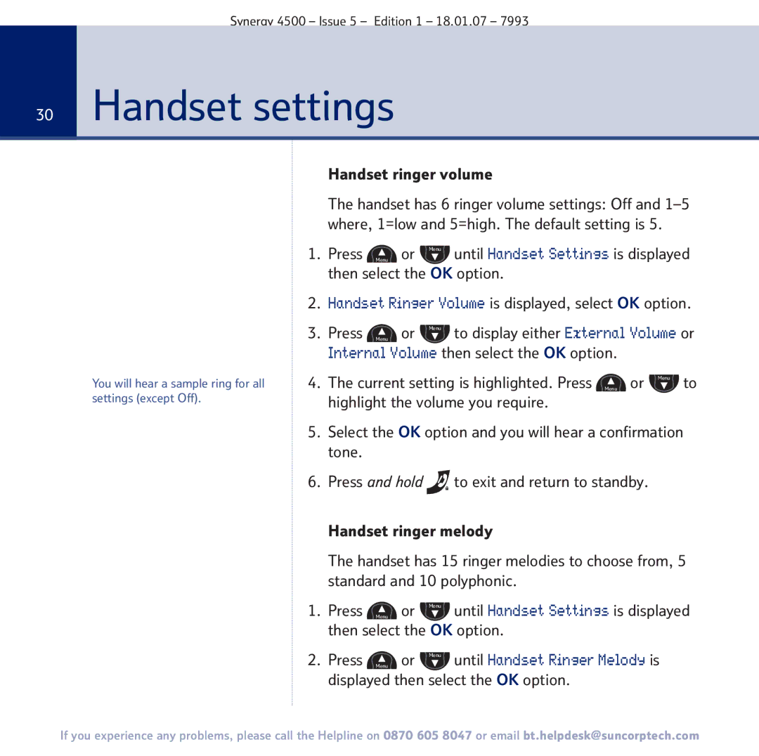 BT SYNERGY 4500 manual Handset settings, Handset ringer volume 