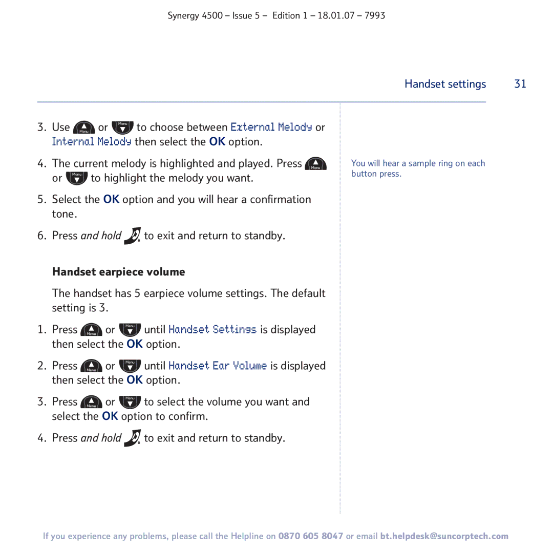 BT SYNERGY 4500 manual Handset settings 