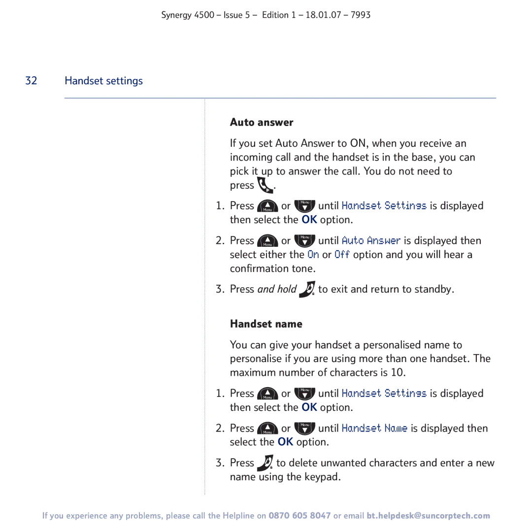 BT SYNERGY 4500 manual Handset settings 