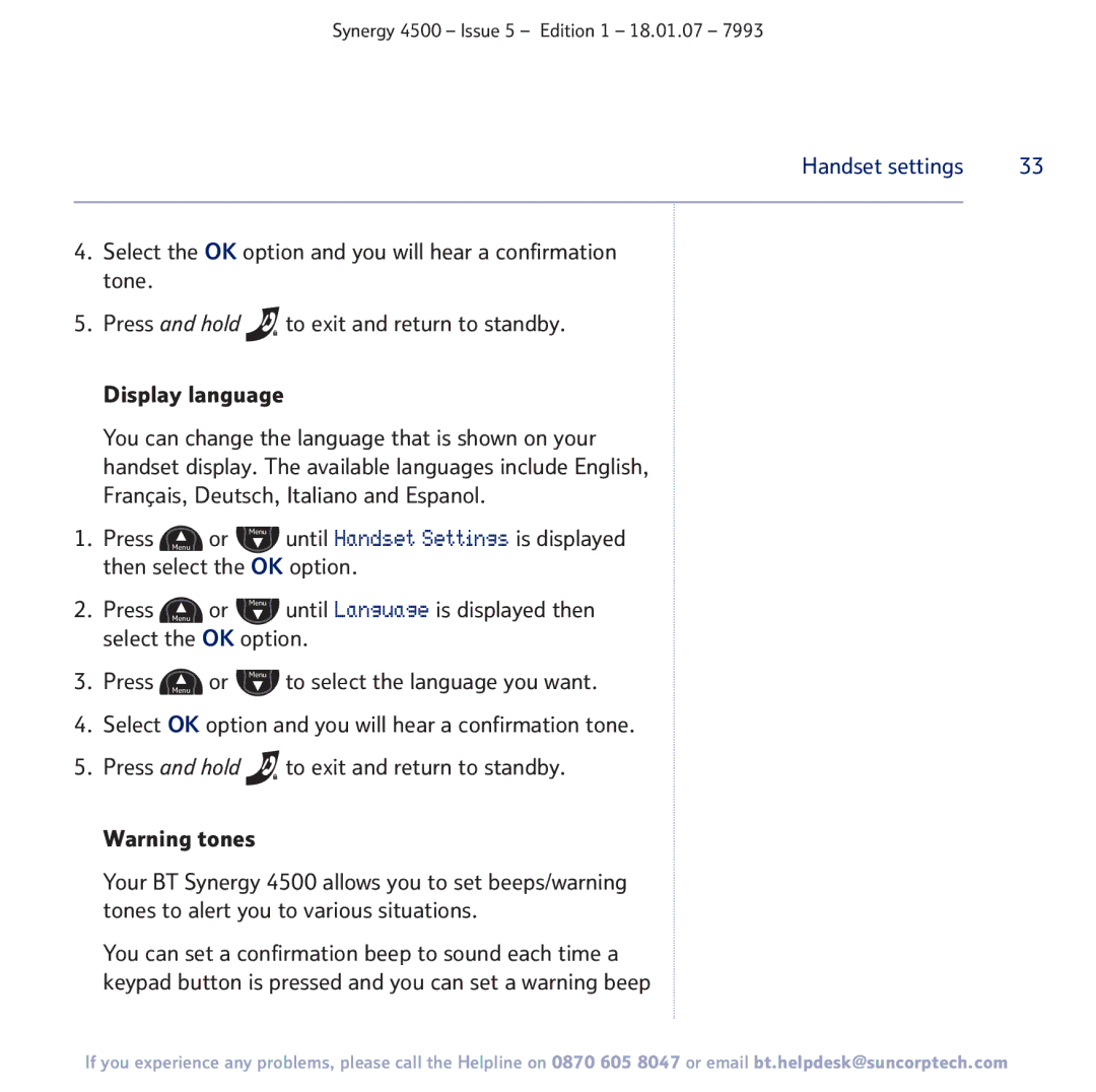 BT SYNERGY 4500 manual Handset settings 