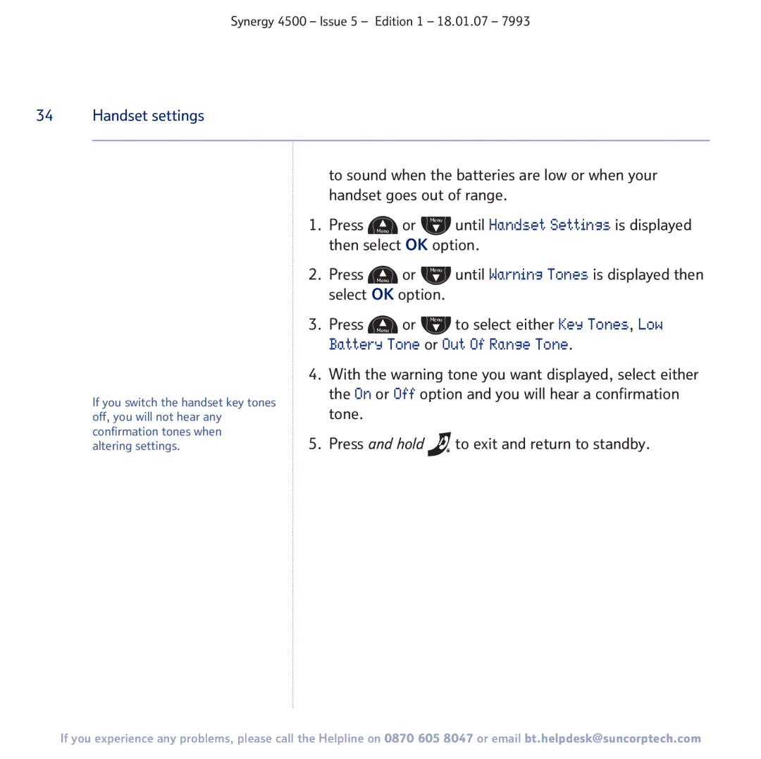 BT SYNERGY 4500 manual Handset settings 