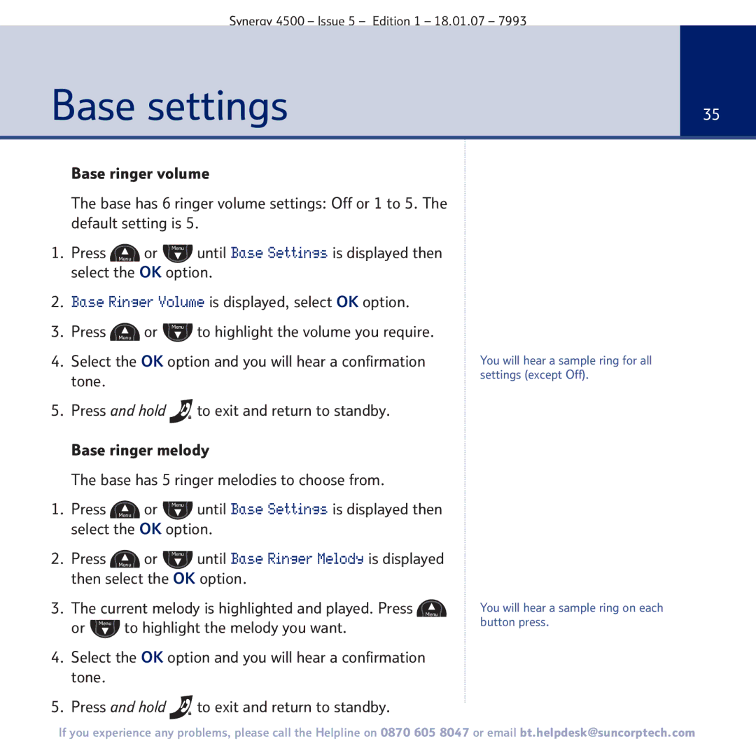 BT SYNERGY 4500 manual Base settings 