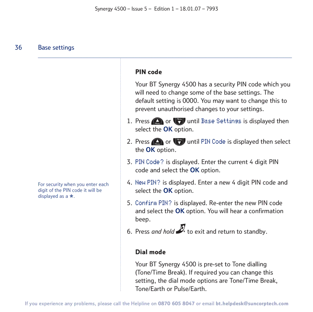 BT SYNERGY 4500 manual Base settings 