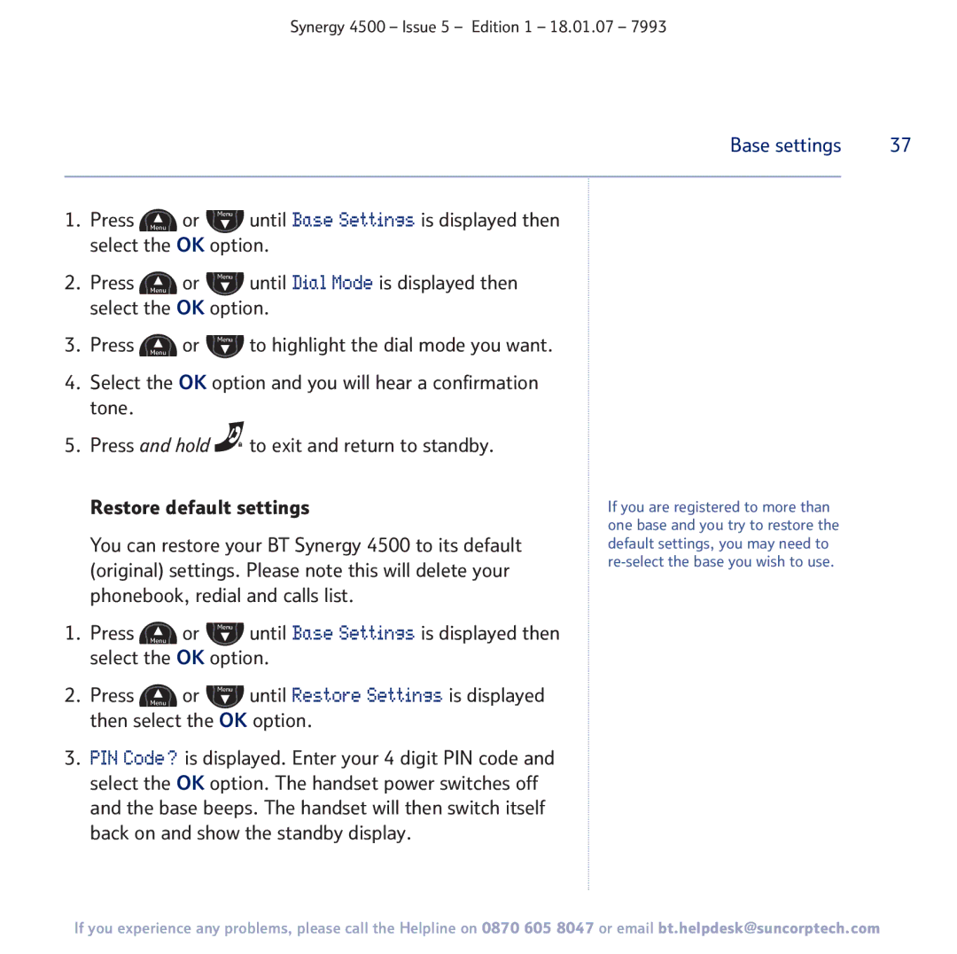 BT SYNERGY 4500 manual Base settings 