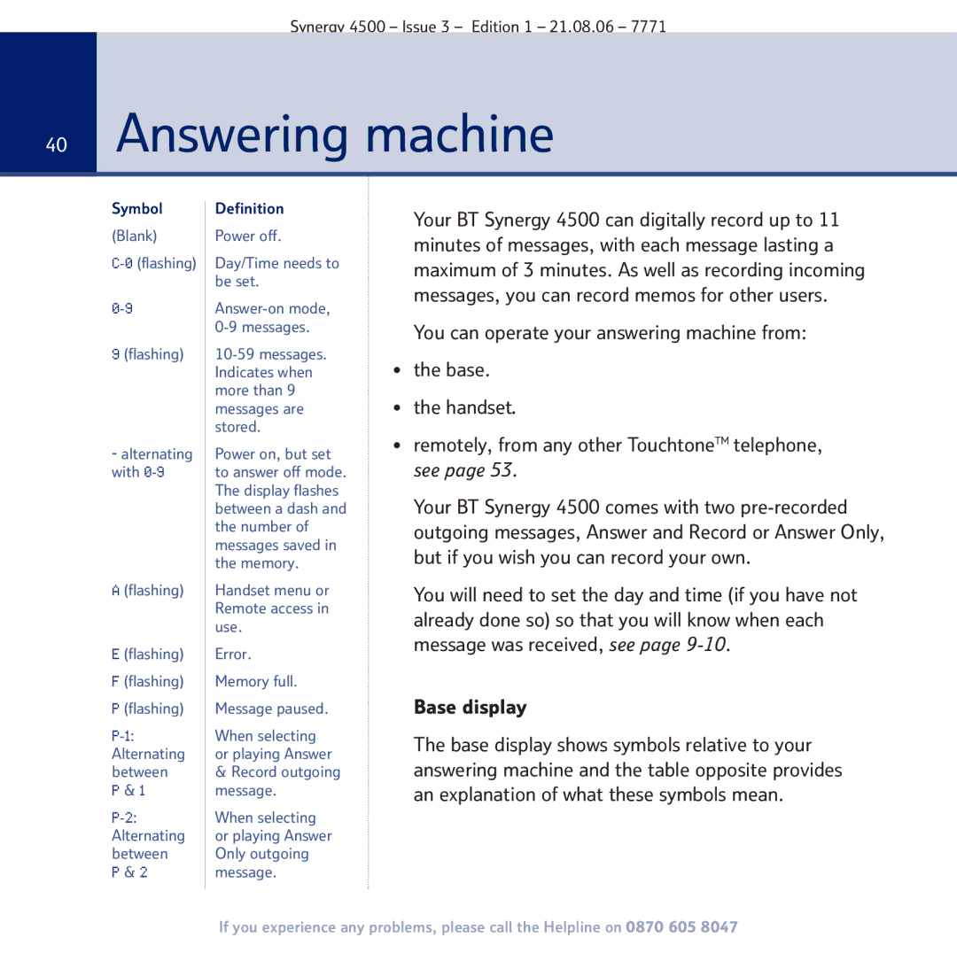 BT SYNERGY 4500 manual Answering machine, Base display 