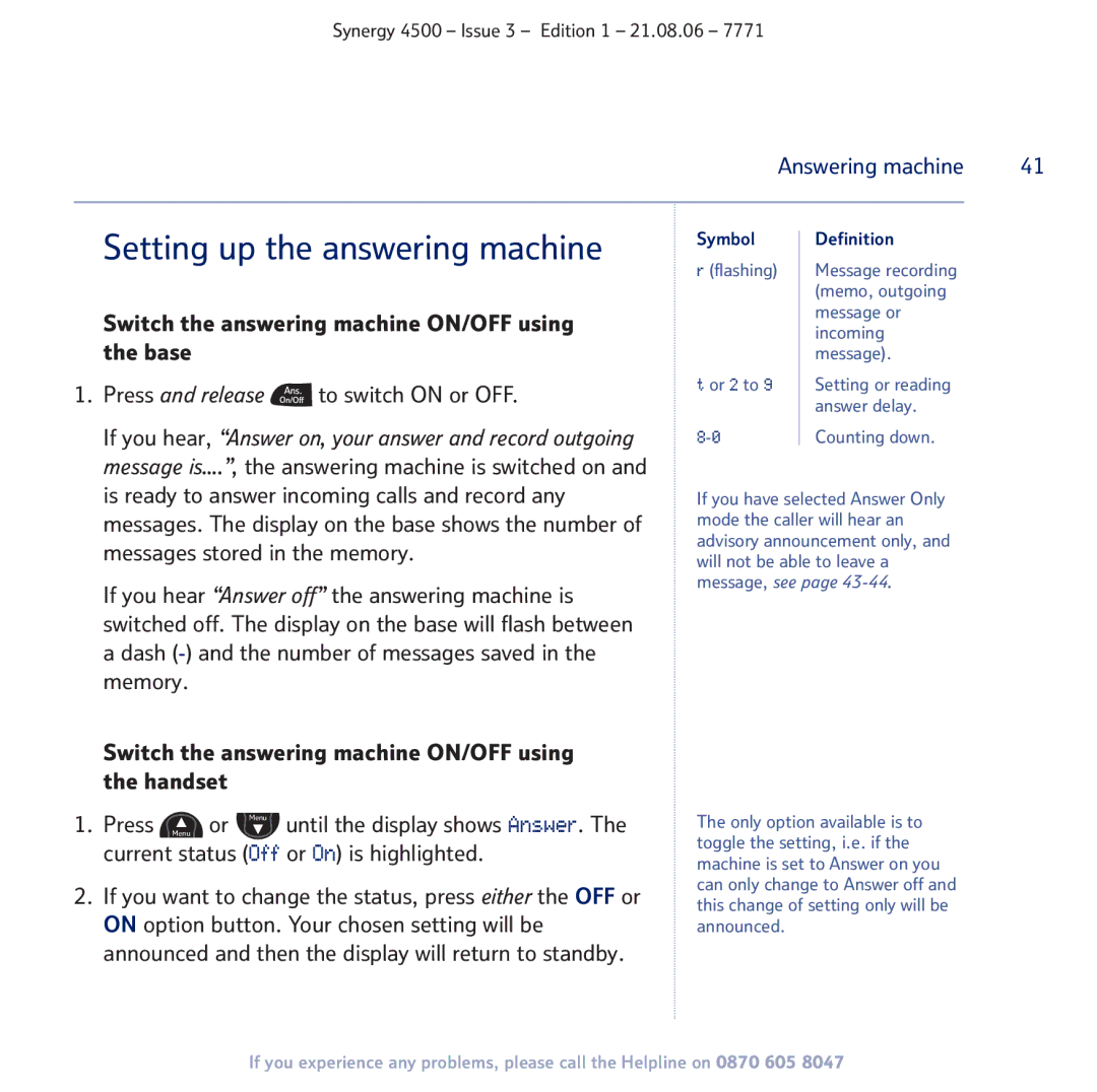 BT SYNERGY 4500 manual Setting up the answering machine, If you hear, Answer on, your answer and record outgoing 