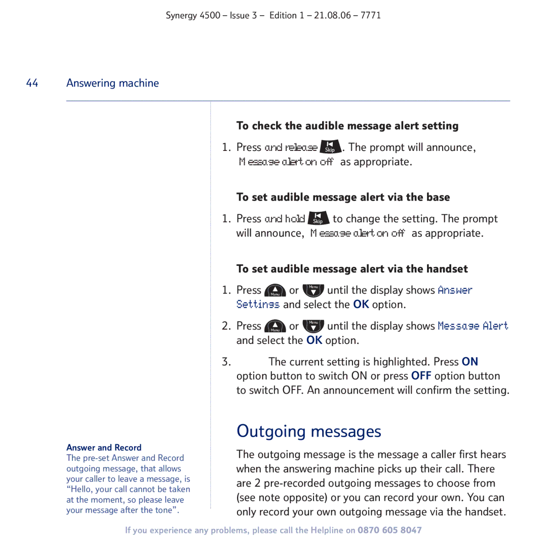 BT SYNERGY 4500 Outgoing messages, To check the audible message alert setting, To set audible message alert via the base 
