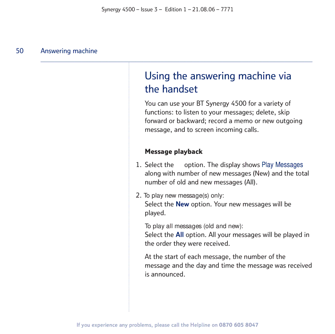 BT SYNERGY 4500 manual Using the answering machine via the handset, Message playback 