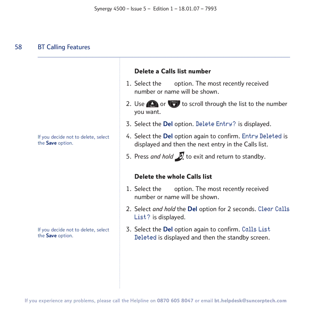BT SYNERGY 4500 manual Select the Del option. Delete Entry? is displayed 