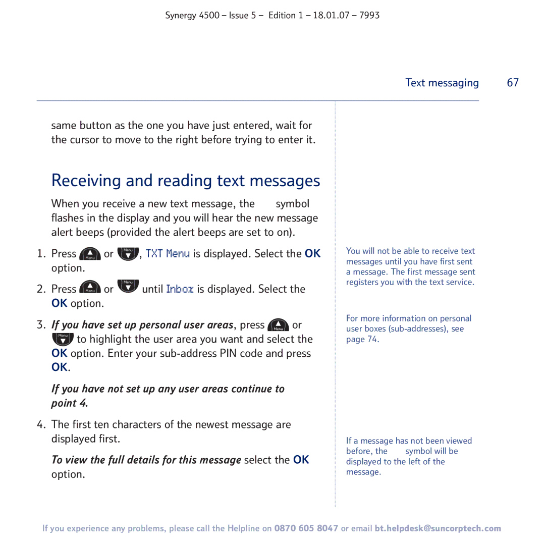 BT SYNERGY 4500 manual Receiving and reading text messages, Press Menu or until Inbox is displayed. Select OK option 