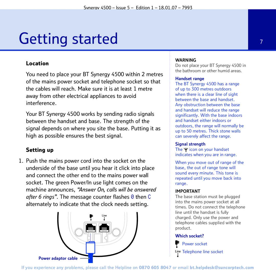 BT SYNERGY 4500 manual Getting started, Setting up 