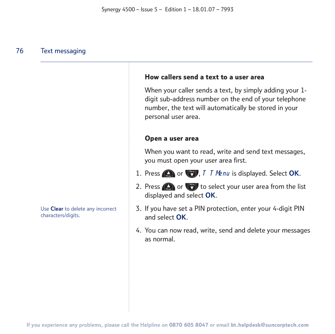 BT SYNERGY 4500 manual How callers send a text to a user area, Displayed and select OK 