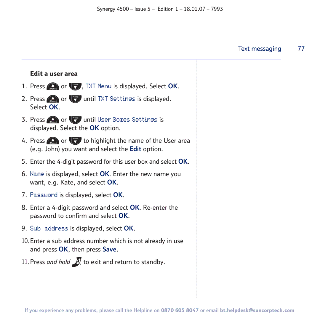 BT SYNERGY 4500 manual Edit a user area Press Menu or Menu Select OK 