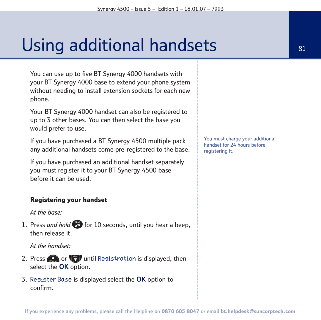 BT SYNERGY 4500 manual Using additional handsets 