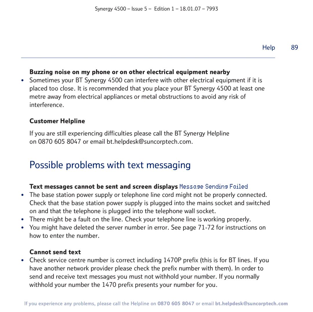 BT SYNERGY 4500 manual Possible problems with text messaging 