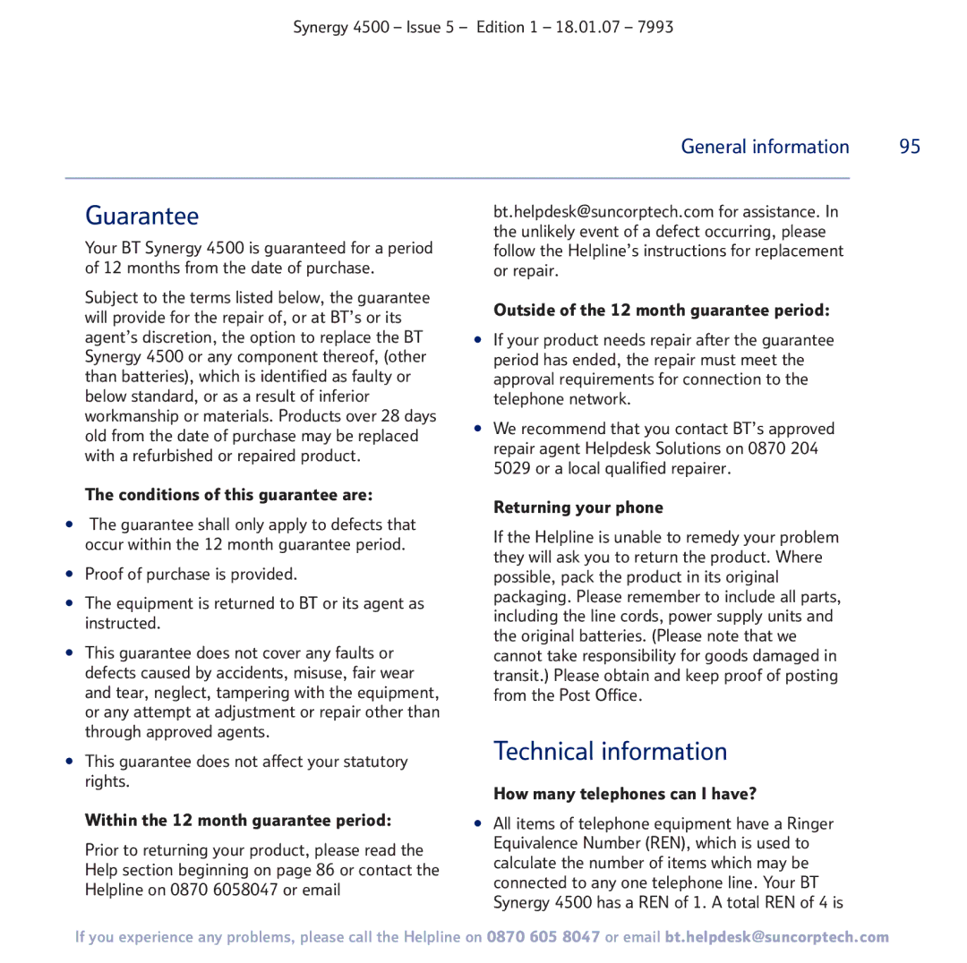 BT SYNERGY 4500 manual Guarantee 