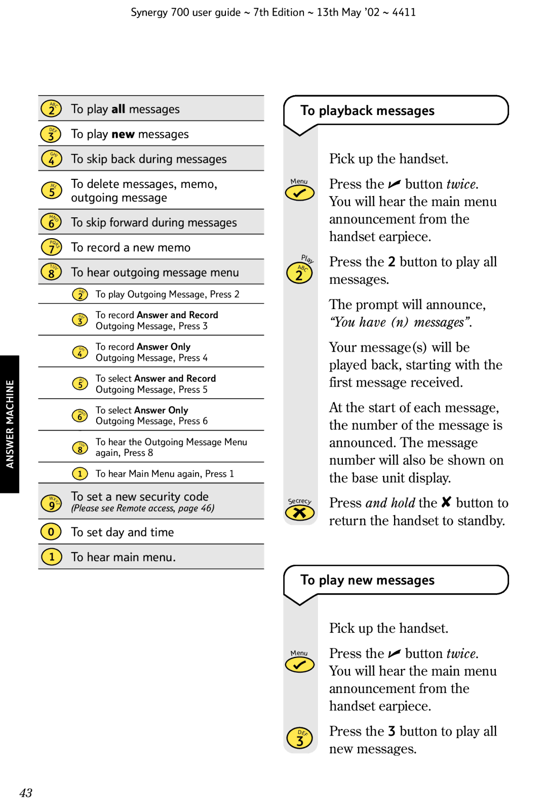 BT Synergy 700 manual To play new messages 