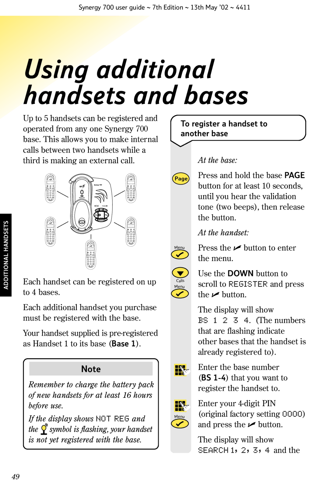 BT Synergy 700 manual To register a handset to another base, At the base, Each handset can be registered on up to 4 bases 