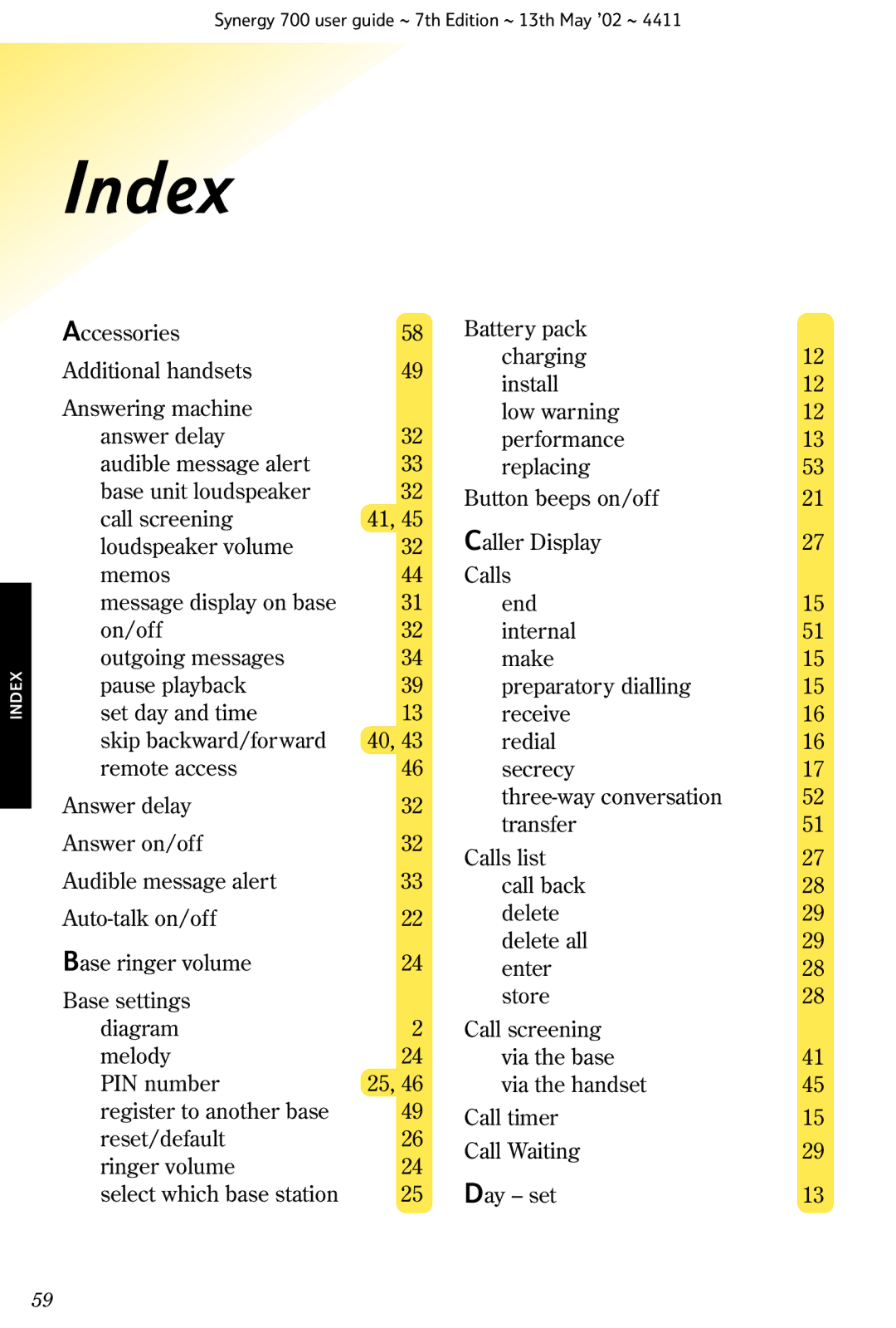 BT Synergy 700 manual Index 