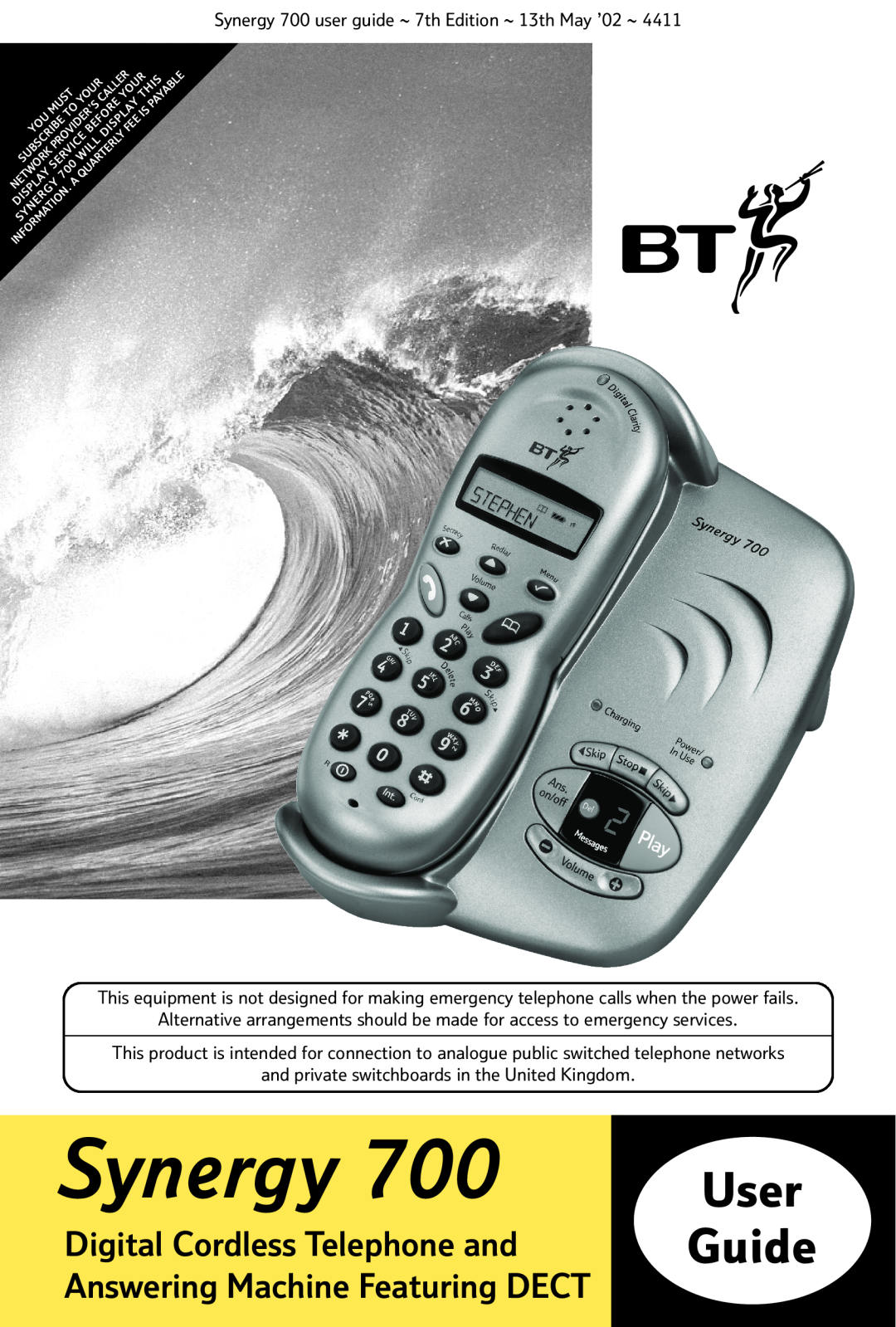 BT Synergy 700 manual Guide, User, Digital Cordless Telephone and, Answering Machine Featuring DECT 