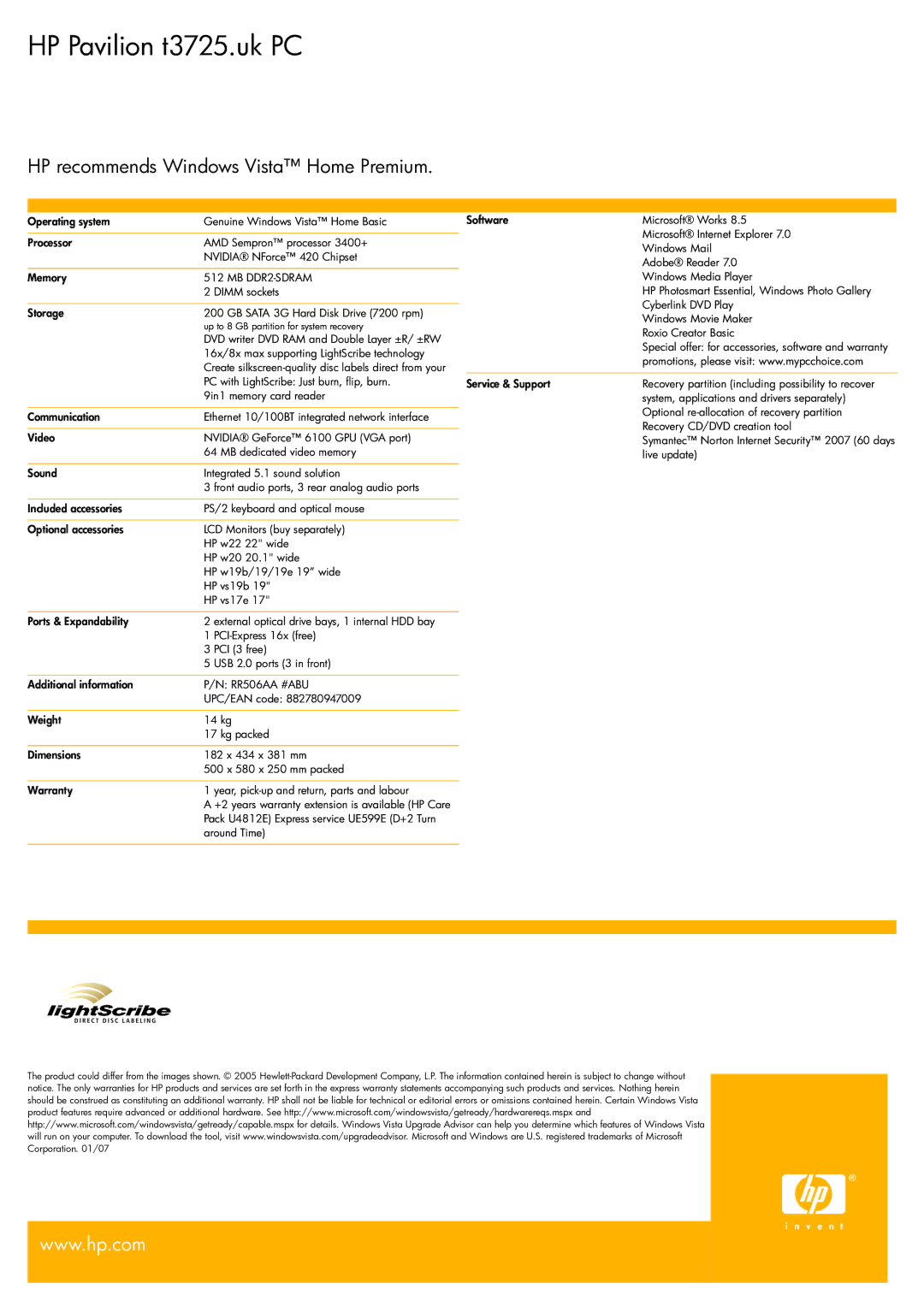 BT t3725.uk manual MB DDR2-SDRAM, RR506AA #ABU 