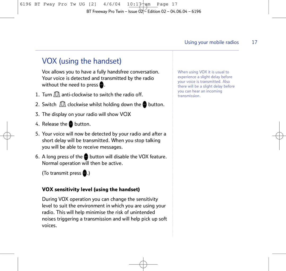 BT Twin Radio manual VOX using the handset 