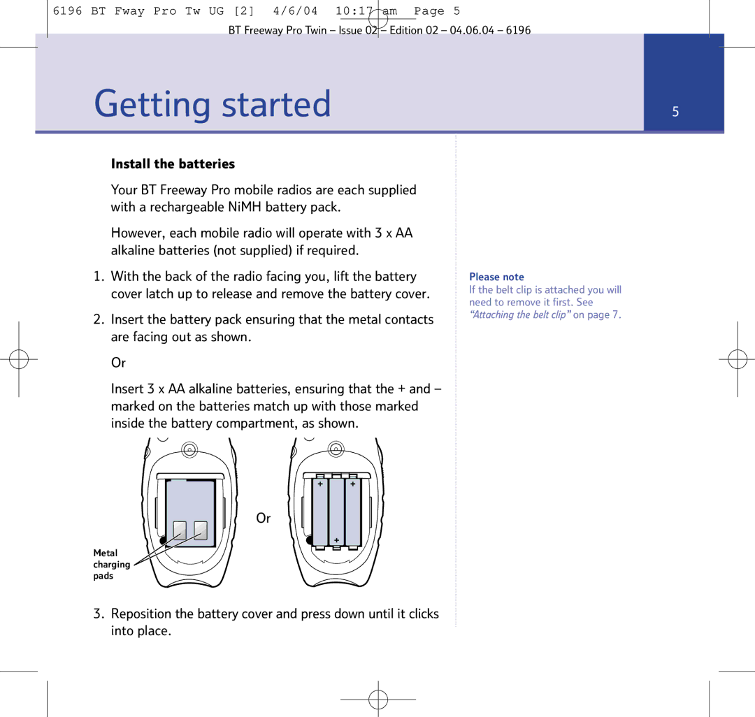 BT Twin Radio manual Getting started, Install the batteries 