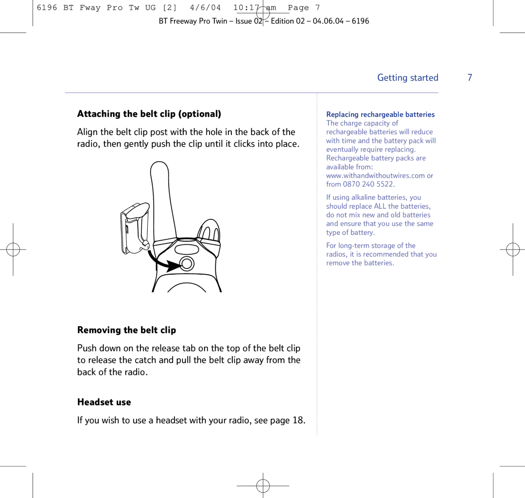 BT Twin Radio manual Attaching the belt clip optional 