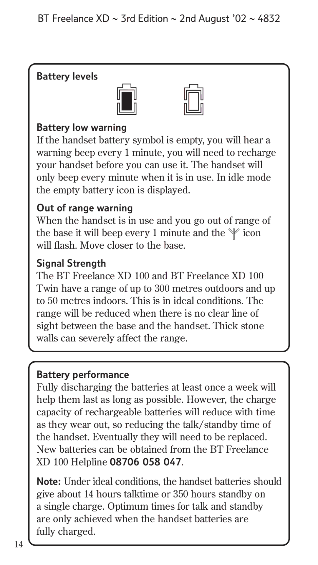 BT Twin manual Out of range warning, Signal Strength, Battery performance 