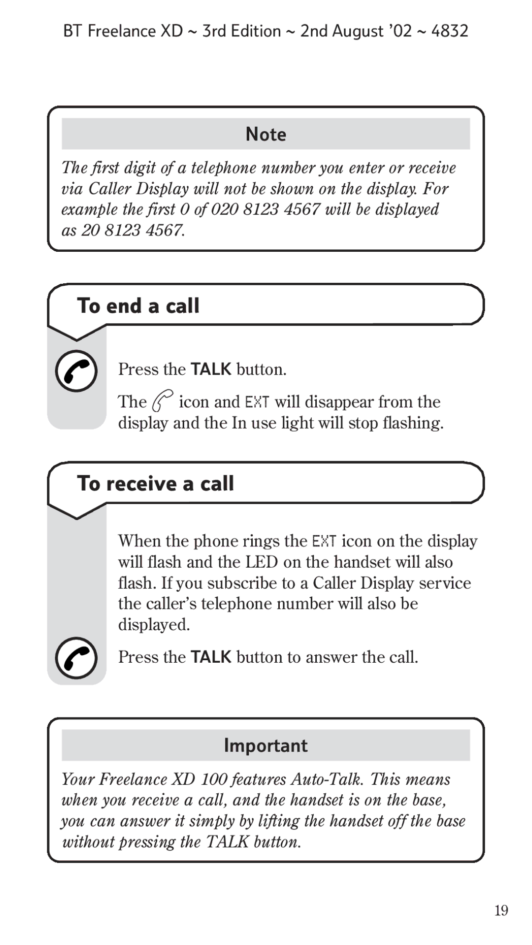 BT Twin manual To end a call, To receive a call 