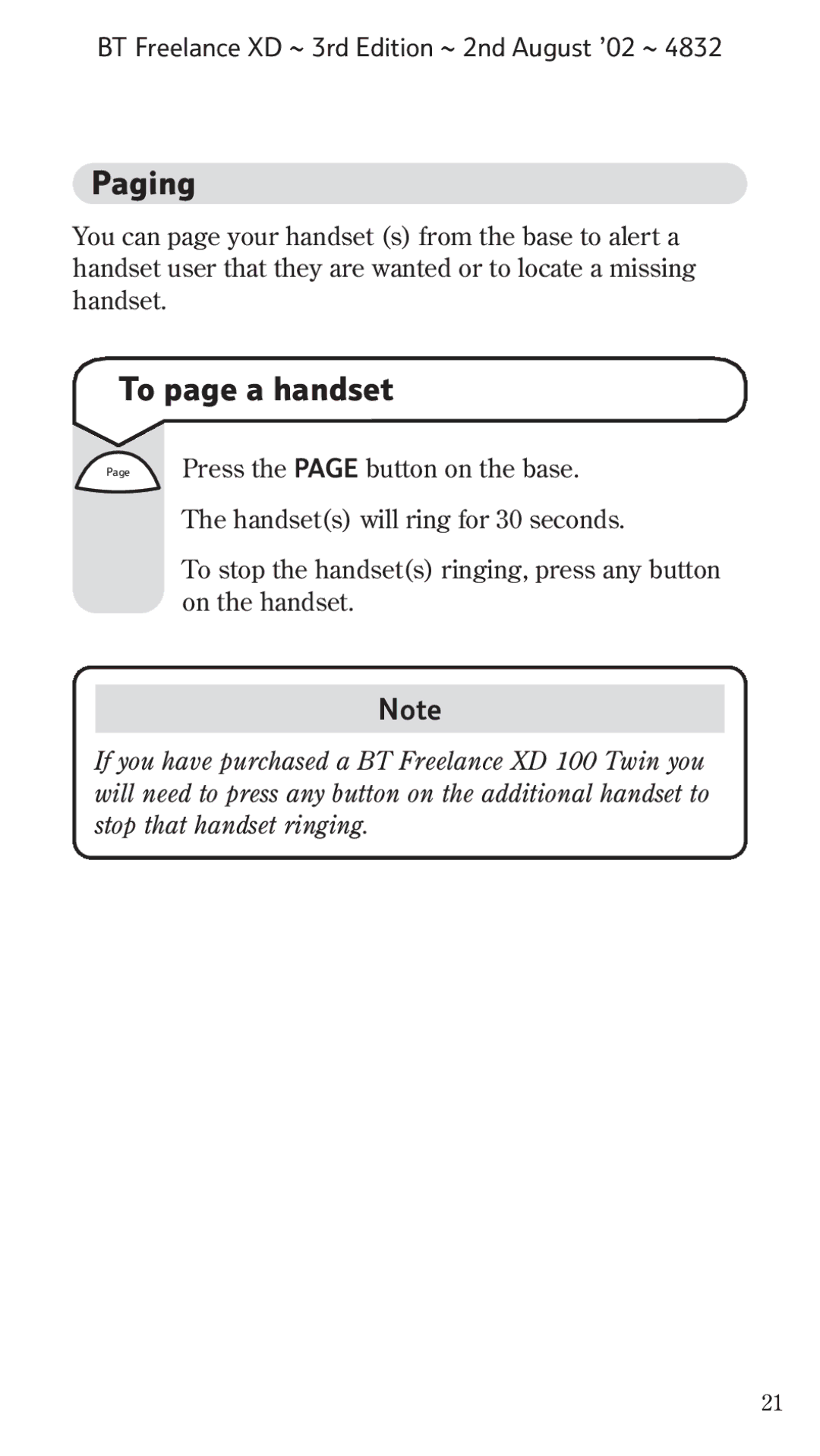 BT Twin manual Paging, To page a handset 