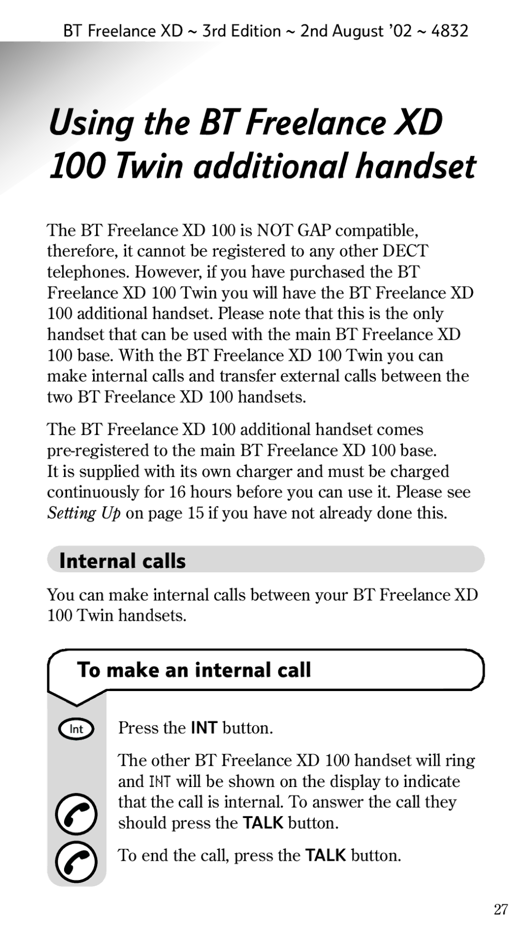 BT Twin manual Internal calls, To make an internal call 