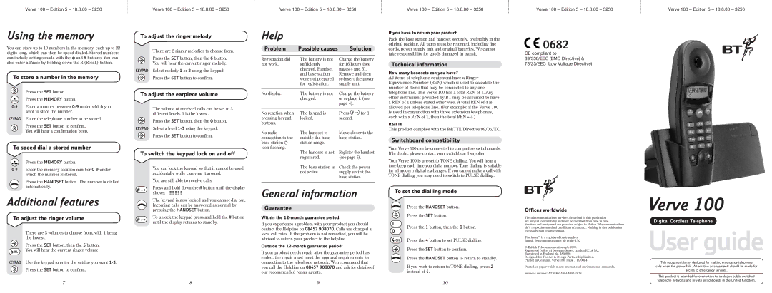 BT Verve 100 manual Using the memory, Additional features, Help, General information 