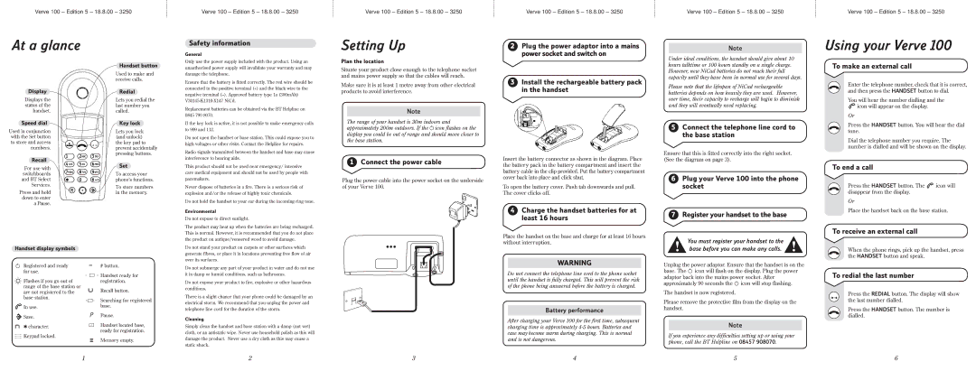 BT Verve 100 manual At a glance, Setting Up, Using your Verve 