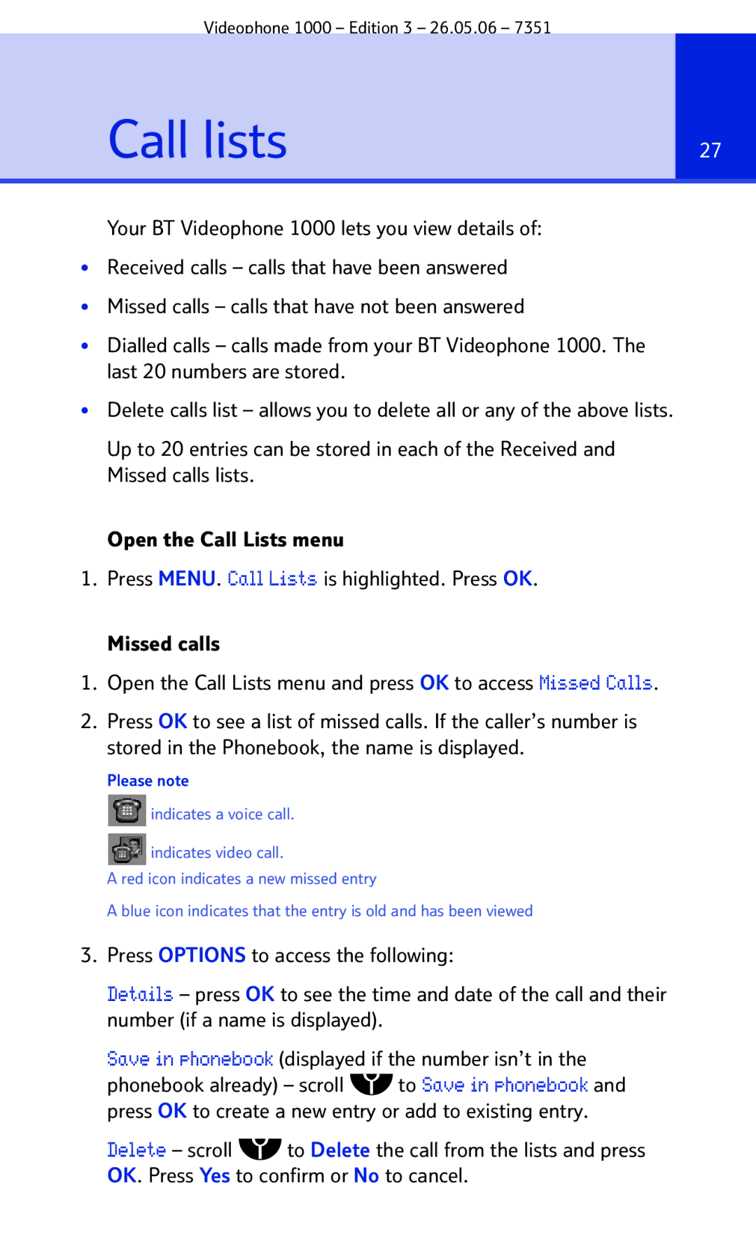 BT Videophone 1000 manual Call lists 