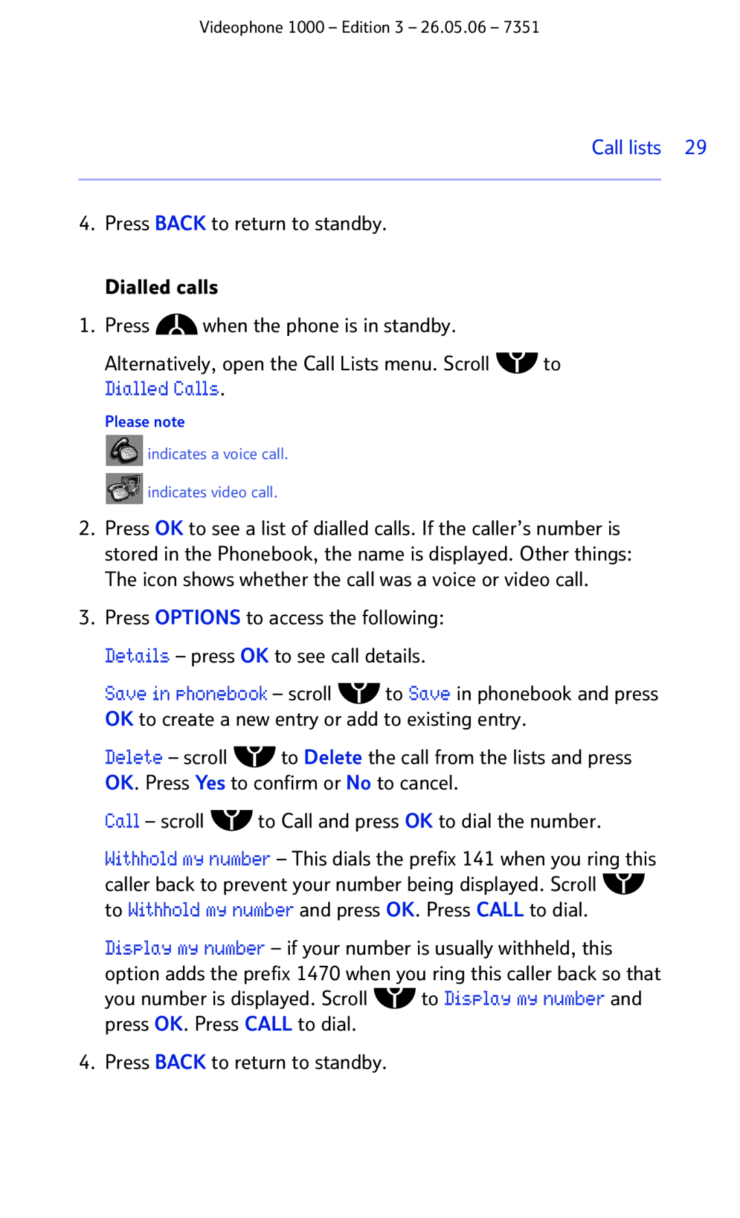 BT Videophone 1000 manual Dialled Calls 