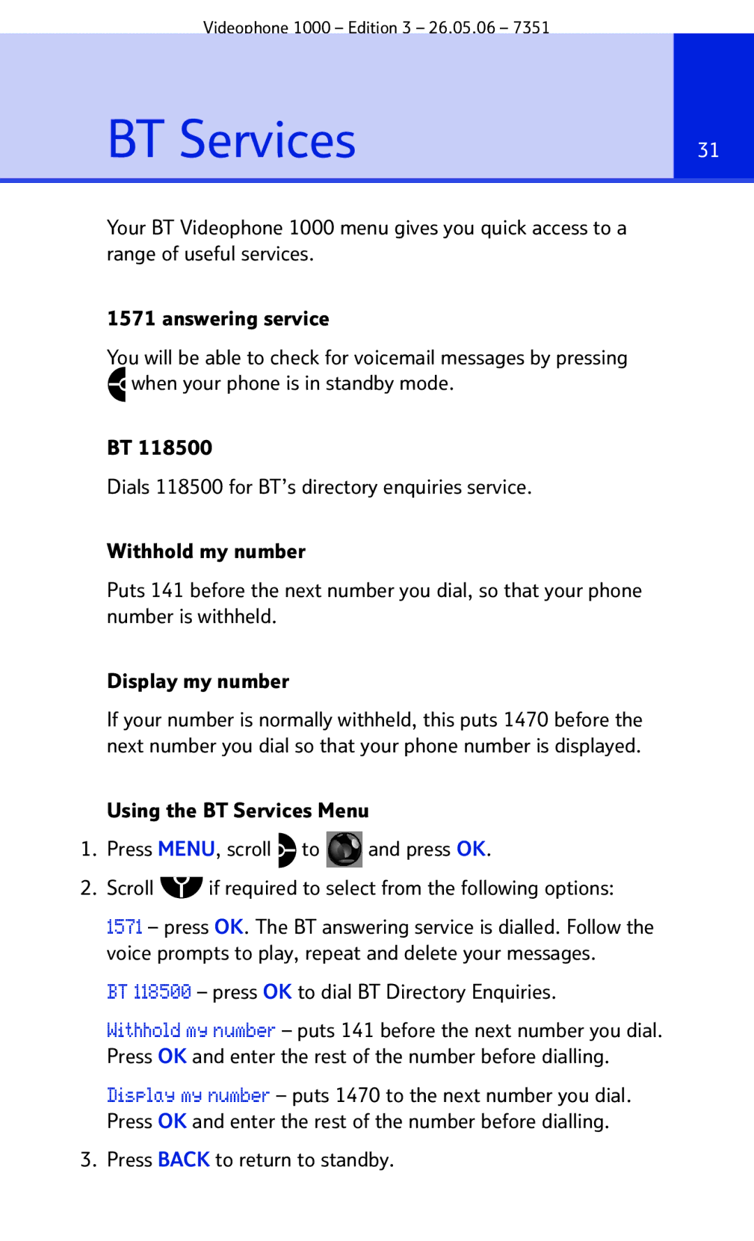 BT Videophone 1000 manual BT Services 