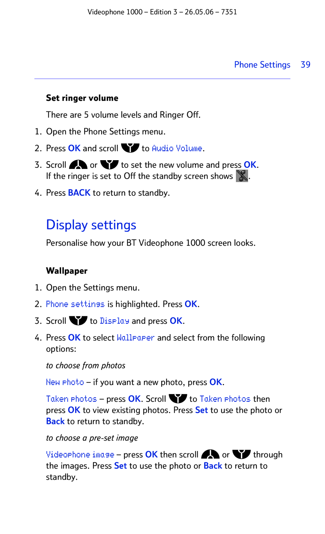 BT Videophone 1000 manual Display settings, Standby 