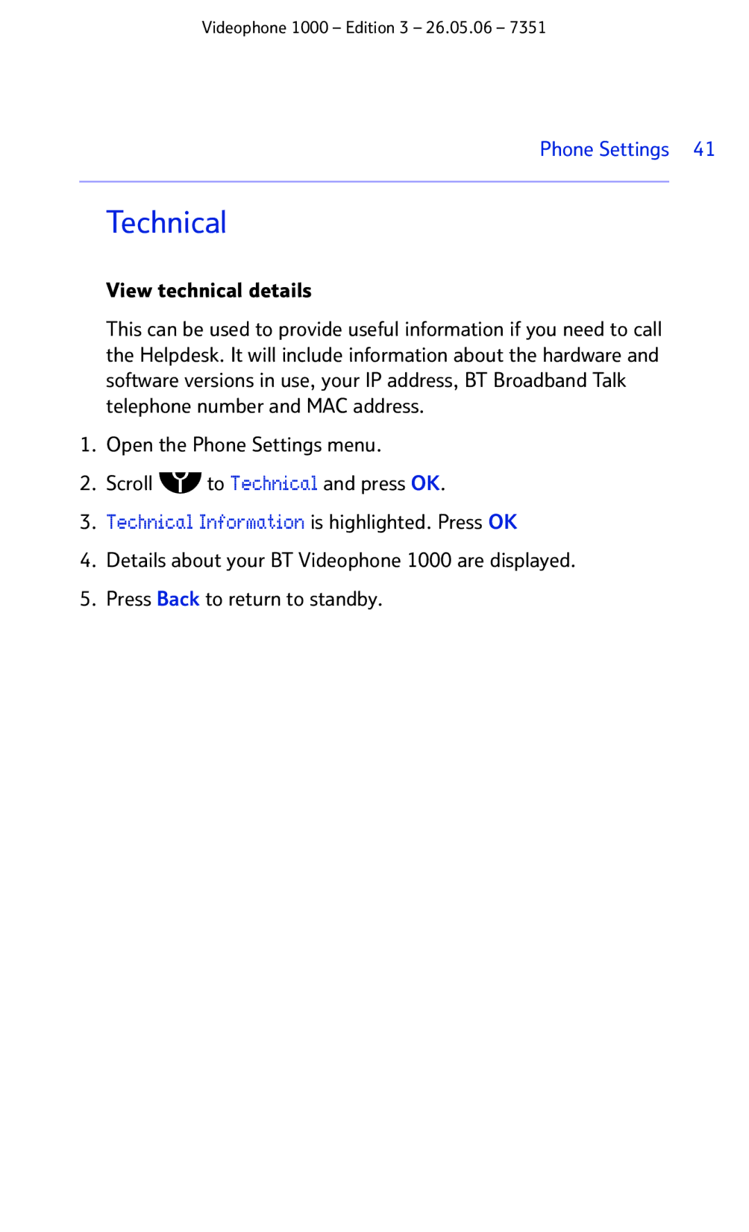 BT Videophone 1000 manual Technical Information is highlighted. Press OK 