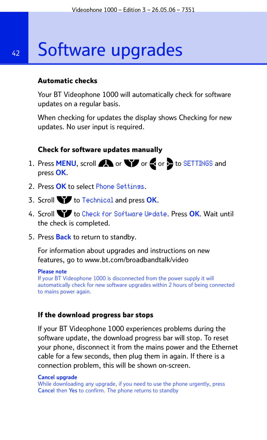 BT Videophone 1000 manual Software upgrades, If the download progress bar stops 