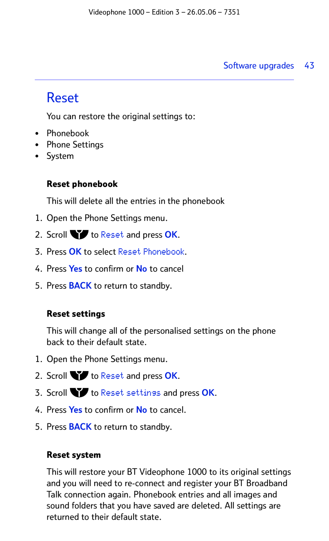 BT Videophone 1000 manual Reset 