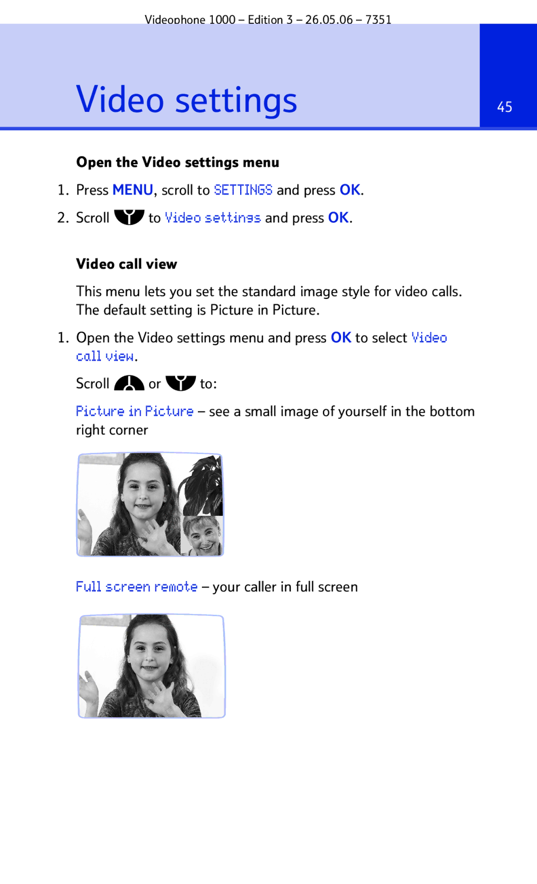 BT Videophone 1000 manual Video settings 