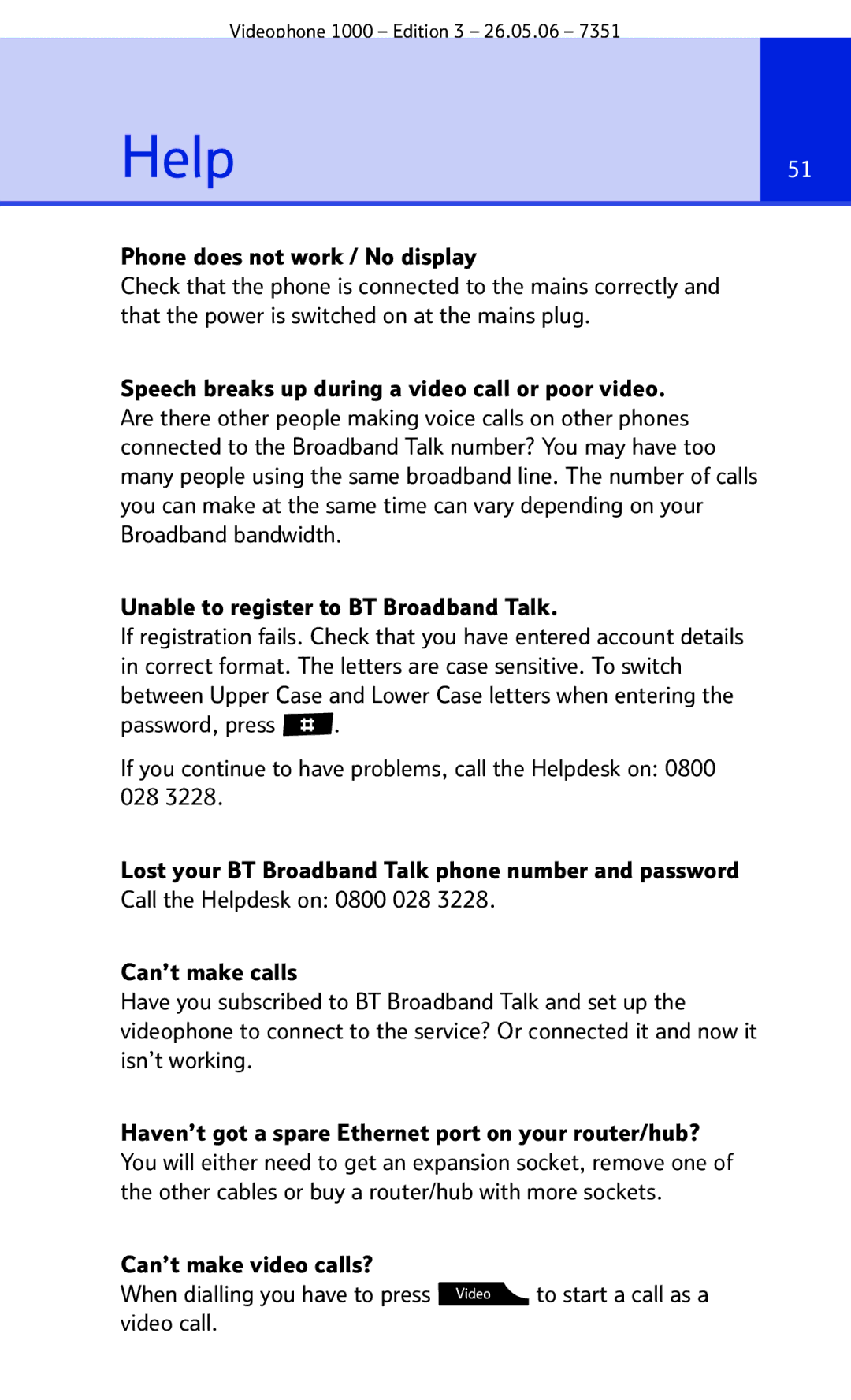 BT Videophone 1000 manual Help51, Phone does not work / No display 
