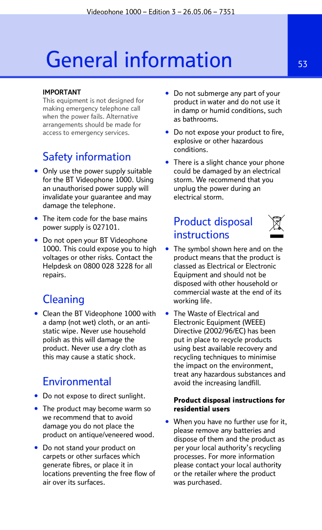 BT Videophone 1000 manual General information, Safety information 