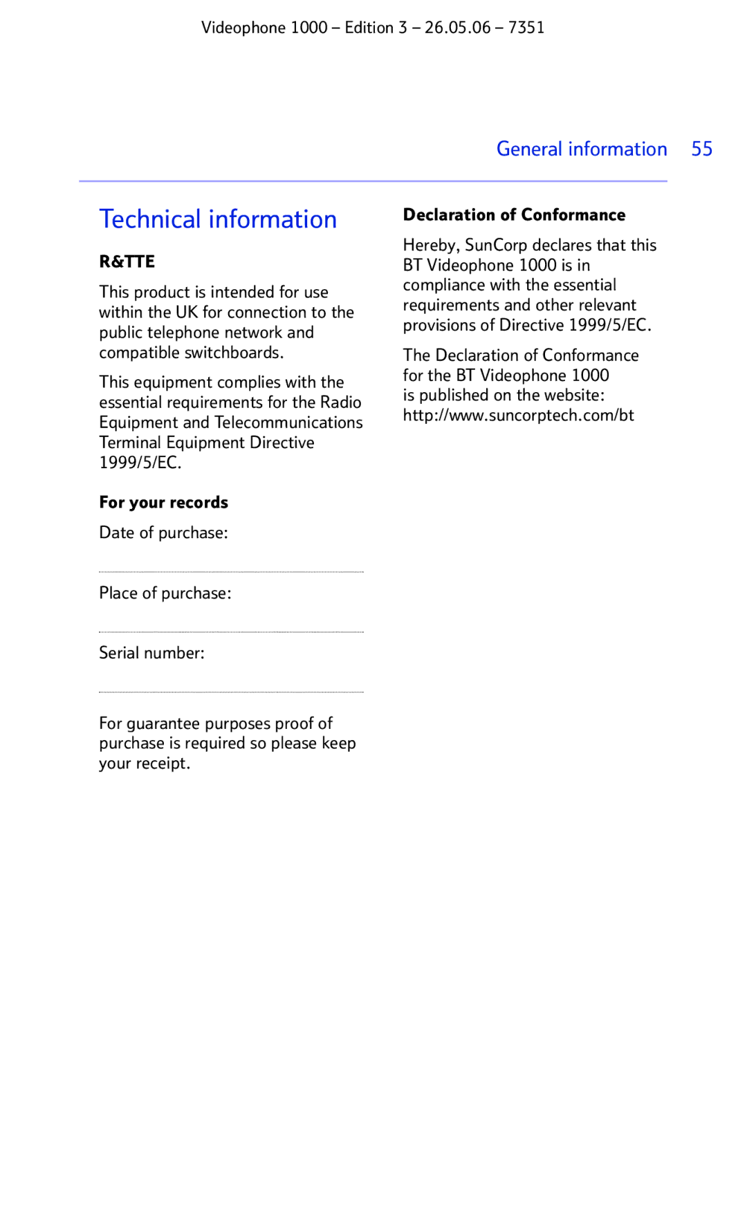 BT Videophone 1000 manual Technical information 