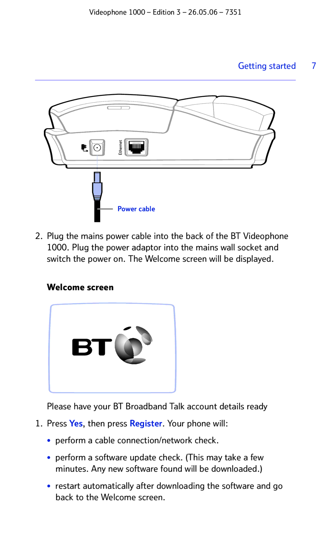 BT Videophone 1000 manual Getting started 