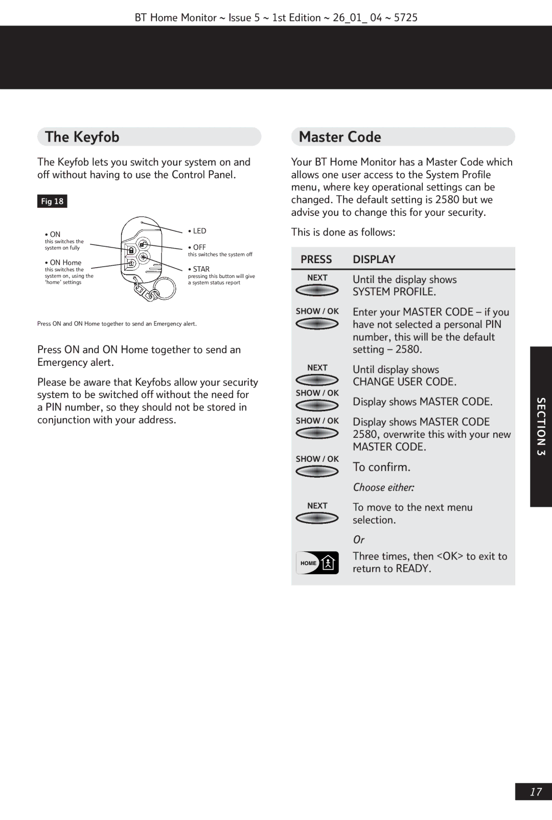 BT VP1000 manual Keyfob, Master Code, Change User Code 